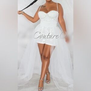 WHITE PEARL DÉCOR WITH TULLE OVERLAY ROMPER